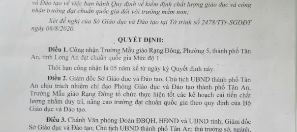 quyết định công nhận trường mẫu giáo đạt chuẩn quốc gia